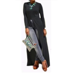 High Front Split Long Sleeve Crewneck Maxi Top